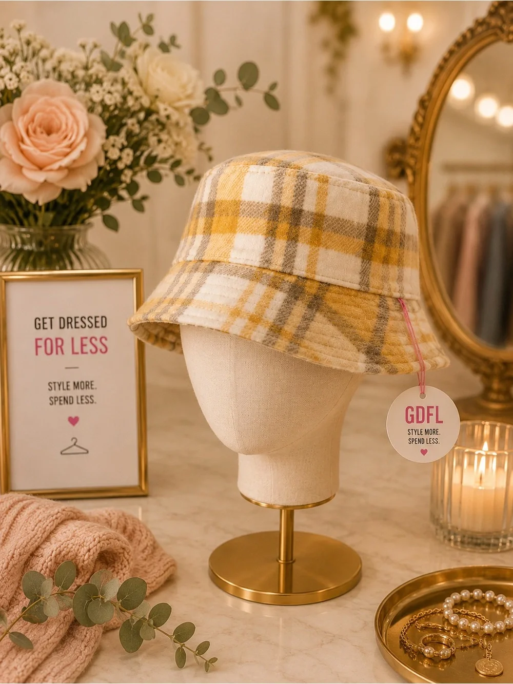 Art Class Girls Yellow Plaid Bucket Hat Soft Summer Beach Sun Hat OSFM NWT
